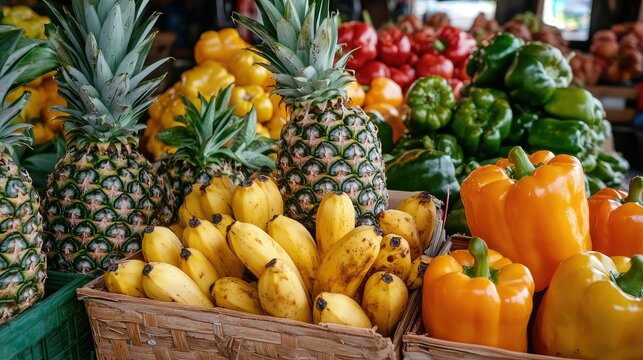 A tropical fruit and vegetable collection featuring pineapples, papayas, bananas, and colorful bell peppers.
