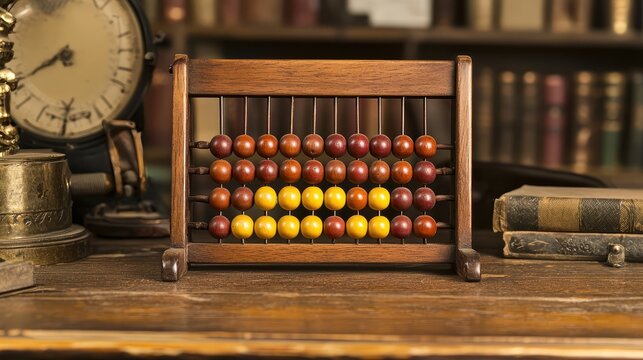 A vintage wooden abacus with polished beads in an antique study.