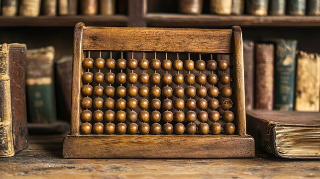 A vintage wooden abacus with polished beads in an antique study.