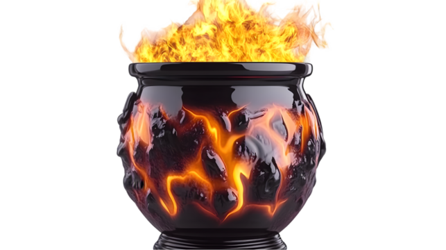 Realistic 3D Illustration Of Burning Fire Flames Inside Black Pot Isolated on Transparent Background