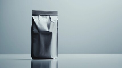 Minimalist packaging design featuring a metallic bag on a reflective surface.