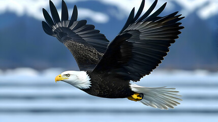 Obraz premium Majestic bald eagle in flight over a serene winter landscape. A powerful symbol of freedom and nature's beauty.
