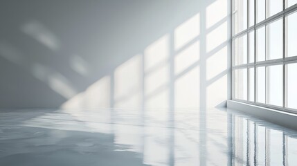 Obraz premium Modern empty room with large window casting soft shadows on the polished floor.