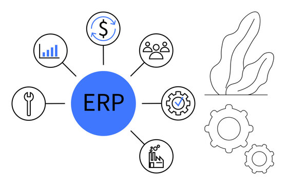 ERP at the center with icons for statistics, money, tools, teamwork, gear, and industry process. Ideal for business software, workflow management, automation analytics finances simple landing page