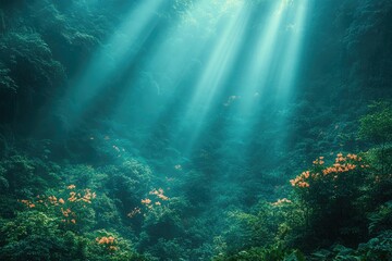 Obraz premium Sunbeams shine through dense jungle foliage with orange flowers. Use to evoke a peaceful, fantasy landscape or natural beauty.