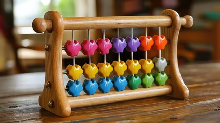 A whimsical abacus with multi-colored beads shaped like stars and hearts.