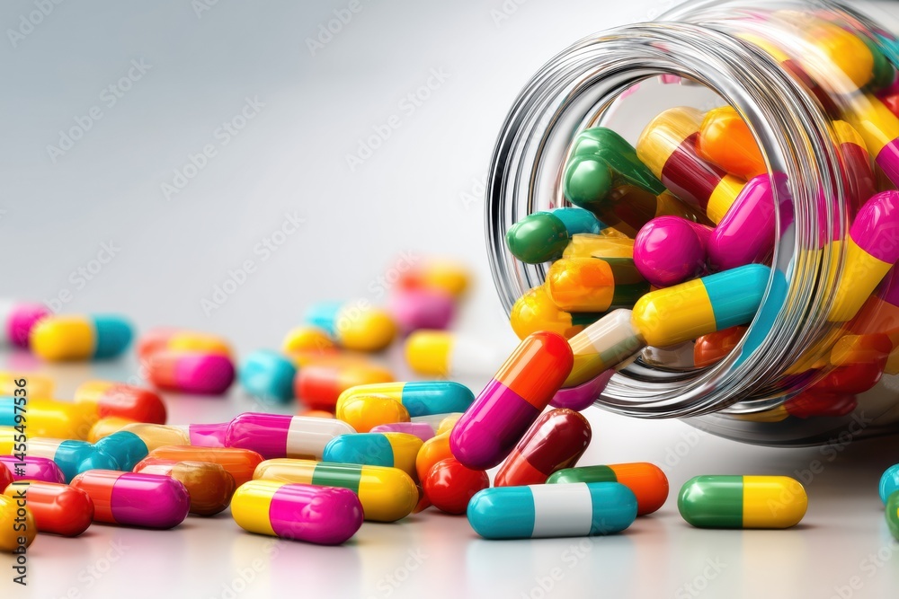 Poster multicolored capsules spill from an open pill bottle in a minimalistic setting, highlighting vibrant