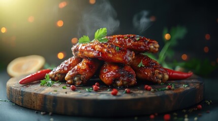 Delicious spicy chicken wings on a wooden board.