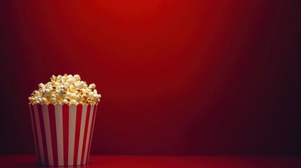 A striped container filled with fluffy popcorn sits against a vivid red backdrop, inviting movie lovers to enjoy a snack