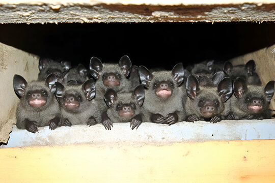 Adorable group of baby bats peering out from a wooden box, showcasing their cute faces and fluffy fur.  A charming wildlife image perfect for nature lovers.