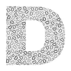 Creative letter D typography collage composed of multiple scattered letters in various sizes and grayscale tones