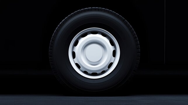 A single car wheel with a metal hubcap is shown against a dark background.
