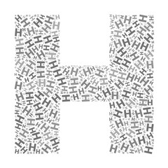 Creative letter H typography collage composed of multiple scattered letters in various sizes and grayscale tones