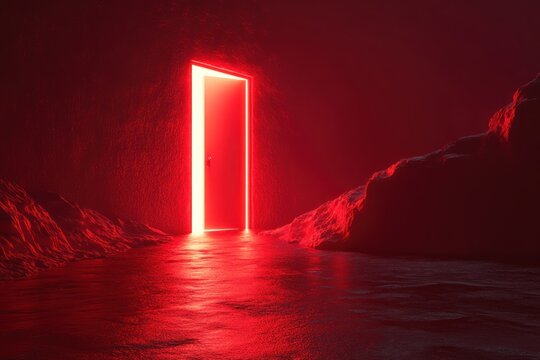 abstract red theme with door glowing open in 3d space, concept of transformation