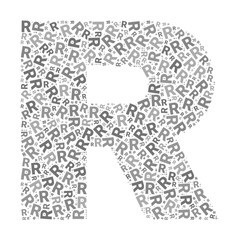 Creative letter R typography collage composed of multiple scattered letters in various sizes and grayscale tones