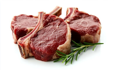 Fototapeta premium Three raw lamb rack chops isolated on a white background with a clipping path, top view
