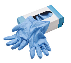 blue latex gloves and box on white background