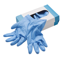 blue latex gloves and box on white background