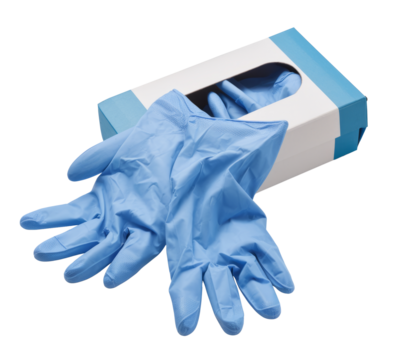 blue latex gloves and box on white background
