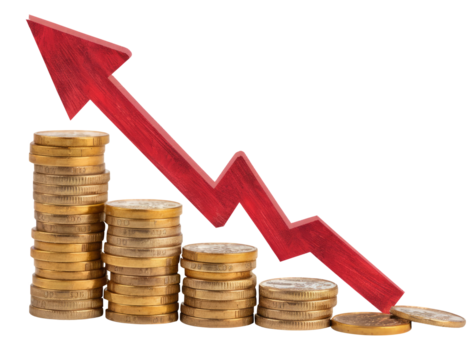 downward trend: red arrow with stacked coins on white background