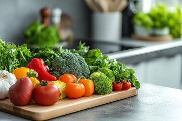 Vegetable Table. Tray with Broccoli and Colorful Vegetables on Modern Kitchen Counter