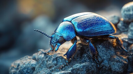 Naklejka premium Vibrant blue beetle on gray stones