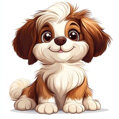 Adorable Cartoon Puppy with Big Eyes and Fluffy Brown and White Fur Sitting on a White Background