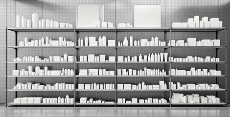 Empty packaging bottles and boxes arranged creatively on metal store shelves, minimalistic style, industrial perforated background, concept of branding. Ai generative