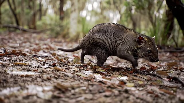 Wet potoroo scurries through forest floor