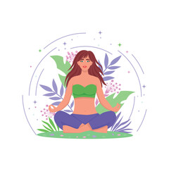 The girl is sitting in the lotus position, yoga