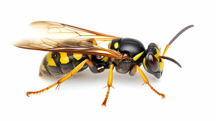 Detailed close-up of a wasp, showcasing its intricate body and wings against a stark white background. Perfect for scientific or educational purposes.