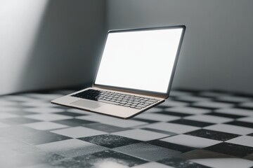 floating laptop mockup with glowing white screen on a transparent checkerboard backdrop