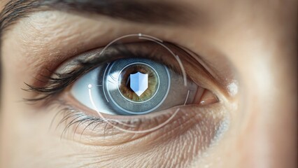 A futuristic eye design featuring a digital shield, symbolizing security and technology integration with human vision.