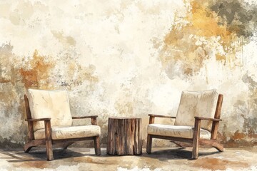 Two wooden armchairs and a small, rustic table in a weathered room.