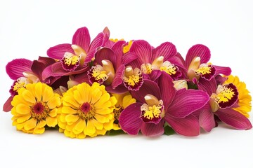Colorful orchid and zinnia flower arrangement.