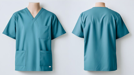 Front and back views of teal blue standard scrubs set, V-neck top with chest pocket, drawstring pants, lightweight polyester blend, placed flat on white background, wide aerial healthcare uniform