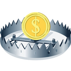 Money Trap Concept &ndash; Dollar Coin in Steel Bear Trap Symbolizing Financial Risk and Investment Danger

