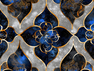 This features intricate pattern with blend of blue, gold, and silver colors, creating luxurious and elegant design. pattern includes floral and geometric elements, giving it sophisticated