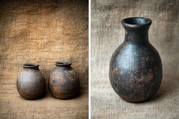 Two dark, aged pottery jars on a textured background