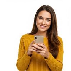 Fototapeta premium Smiling woman using cellphone isolated on white background