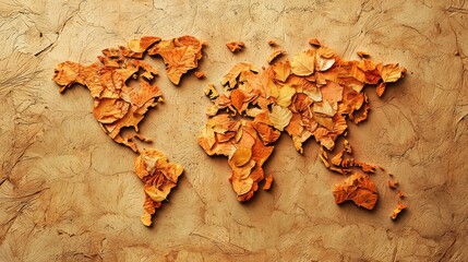A world map made from dried autumn leaves.