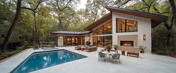Modern home with pool, outdoor living space, and a fireplace, surrounded by mature trees