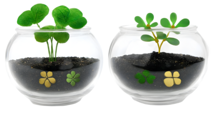 Two Transparent Glass Bowls Displaying Green Plants with Golden Floral Accents