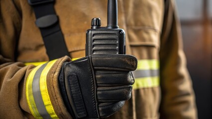 Close-up of a firefighter holding a radio, showcasing protective gear and gloves, ready for emergency response.