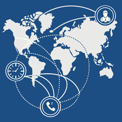 Naklejka premium Time zone map with overlapping meeting schedules for global teams, remote coordination concept, vector, blue background
