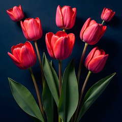 Fototapeta premium Vibrant red tulips with green leaves on dark background in natural photography style.