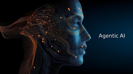 blue and orange flat vector icon for agentic AI abstract human silhouette connected to multiple satellite nodes, clean line art Agentic AI