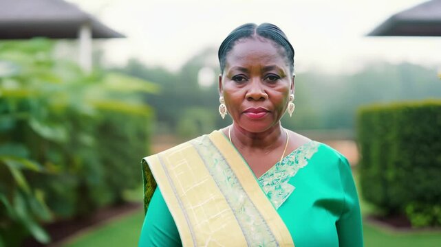 Nigerian woman in iro and buba walks confidently, facing the camera, through a serene garden, soft light, dolly zoom out video
