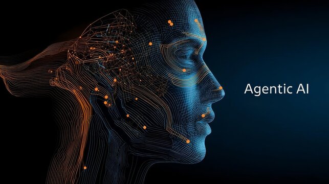 blue and orange flat vector icon for agentic AI abstract human silhouette connected to multiple satellite nodes, clean line art Agentic AI