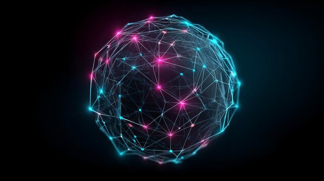 digital 3D network of AI agents glowing nodes and connecting lines forming a sphere, dark background, neon cyan and magenta Agentic AI